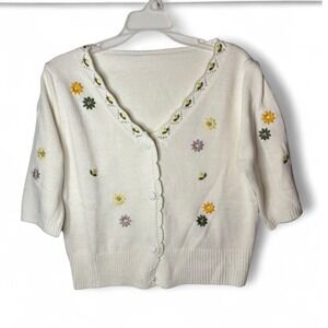 Grandmacore Floral Cardigan Sweater Womens M White Embroidered Knit V-Neck